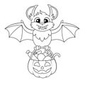 Happy Halloween. Cute cartoon bat holding pumpkin with candies. Black and white vector illustration for coloring book Royalty Free Stock Photo